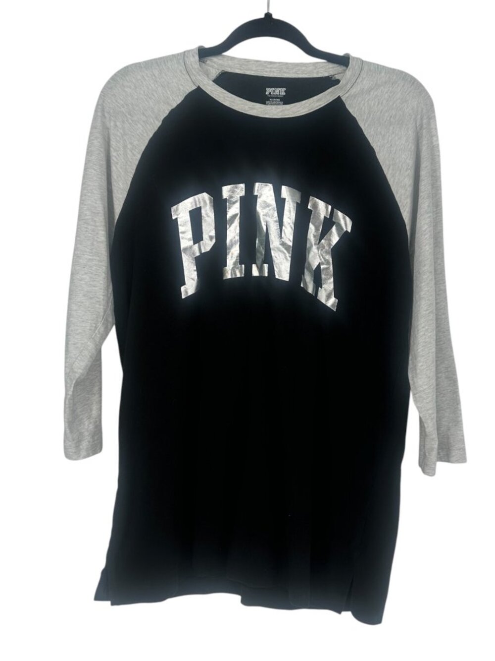 PINK Victoria's Secret Shirt Women's Medium Black Gray Metallic Logo Varsity Y2K